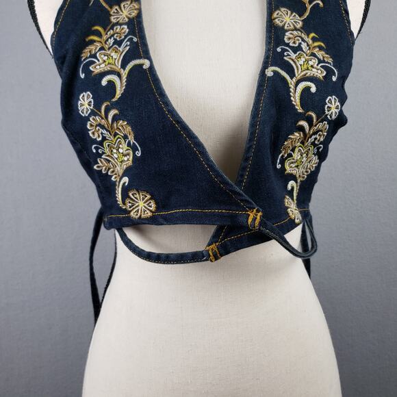 Embroidered Denim Halter Wrap Crop Top Western Cowgirl Rodeo Festival‎ Size S - Picture 6 of 9